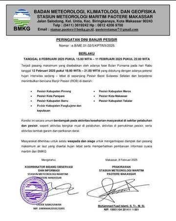 BMKG Keluarkan Peringatan dini Banjir Pesisir