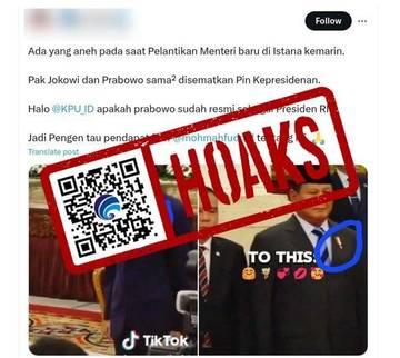 Hoaks Prabowo Subianto Disematkan Pin Kepresidenan sebelum Dilantik 