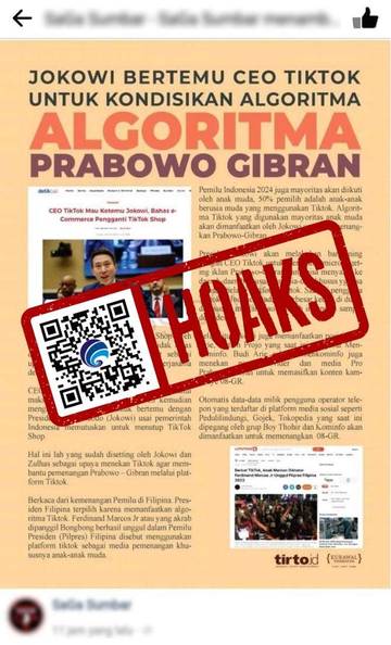 [HOAKS] Presiden Jokowi Bertemu CEO TikTok Untuk Kondisikan Algoritma Prabowo-Gibran