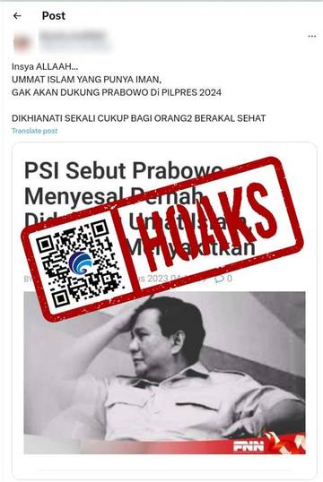 [HOAKS] Menhan Prabowo Menyesal Pernah Didukung Umat Islam