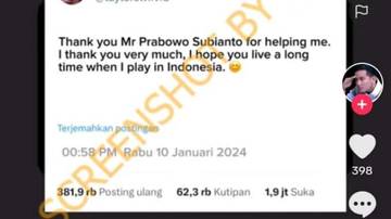[SALAH] Taylor Swift berterimakasih kepada Prabowo