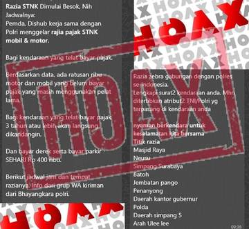 WhatsApp Terkait Jadwal dan Lokasi Razia STNK adalah Hoaks