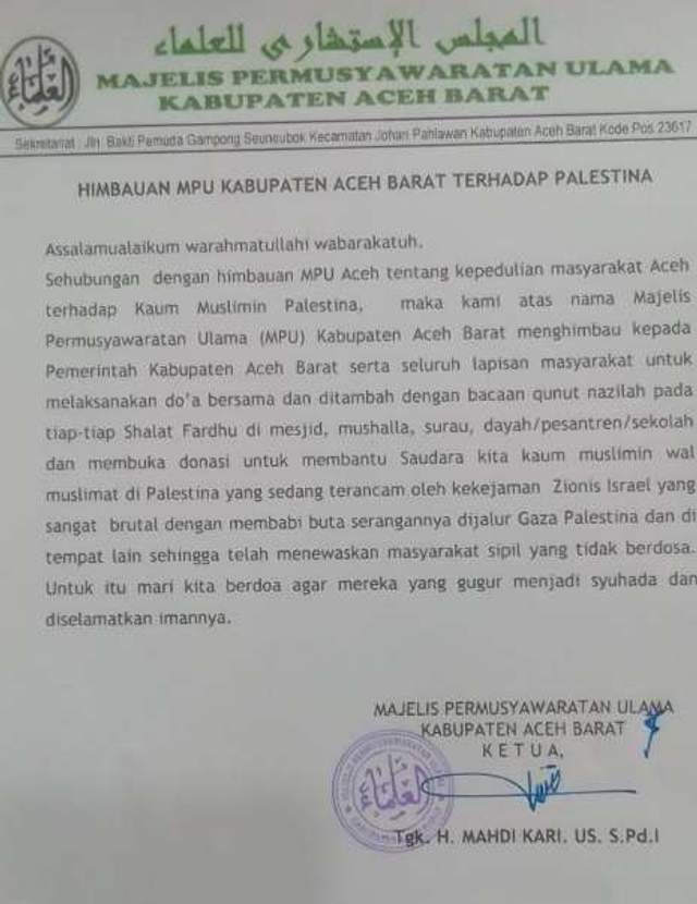MPU Aceh Barat Himbau Laksanakan Qunut Nazilah Untuk Palestina