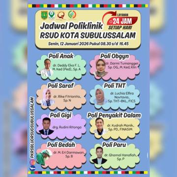 Jadwal Pelayanan Dokter Spesialis RSUD Subulussalam