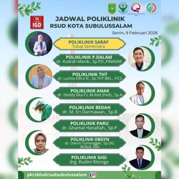 Jadwal Dokter Spesialis RSUD Subulussalam Senin 9 Februari