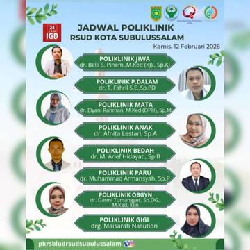 Jadwal Dokter Spesialis RSUD Subulussalam Kamis 12 Februari