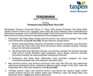 Cair, TASPEN Umumkan Pembayaran Gaji Ke-13 