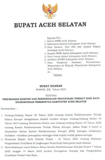 Bupati Aceh Selatan Keluarkan Edaran Larangan Terima Gratifikasi 