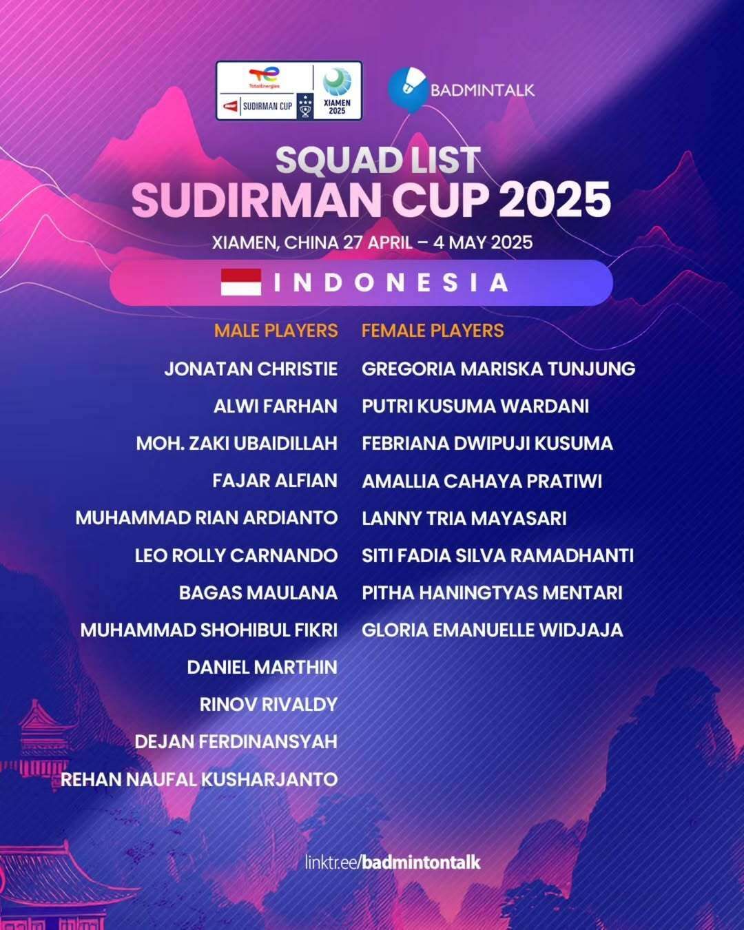 Berikut Daftar Pemain  Indoneisa yang Akan Bertanding Diajang Piala Sudirman 2025
