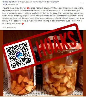 [HOAKS] Cairan Rendaman Biji Alpukat dan Alkohol Dapat Menjadi Obat Oles Nyeri Sendi