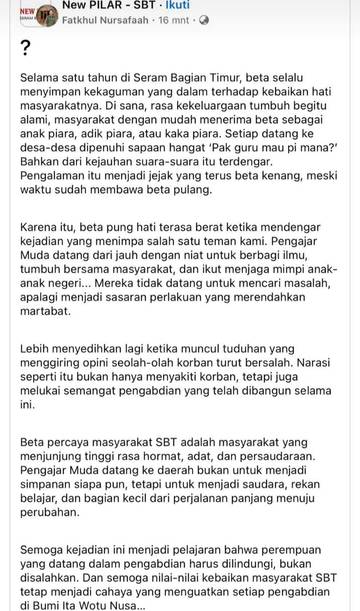Dugaan Pelecehan, Relawan Indonesia Mengajar SBT Dukung Rekannya