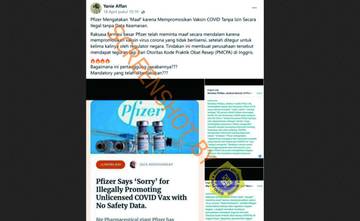 [HOAX] Permohonan Maaf Pfizer Mempromosikan Vaksin Secara Ilegal