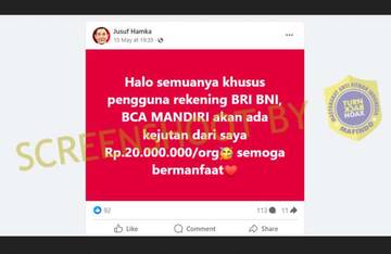 [HOAX] Jusuf Hamka Berikan 20 Juta Nasabah Bank Tertentu