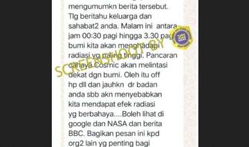 [HOAX] Imbauan Tentang Pancaran Radiasi Cahaya Kosmik Berbahaya