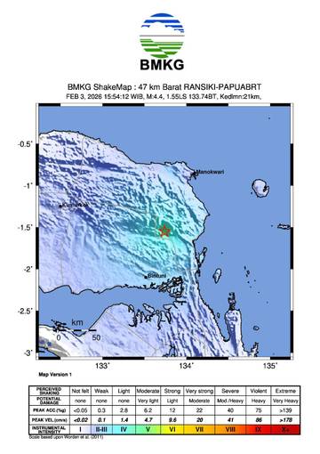 Gempa Tektonik M4,4 Guncang Ransiki Papua Barat