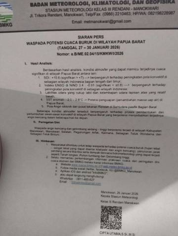 Wilayah Papua Barat, Waspadai Terjadinya Potensi Cuaca Buruk