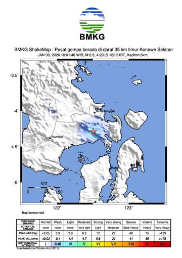 Konawe Selatan Diguncang Gempa Bermagnitudo 2,8