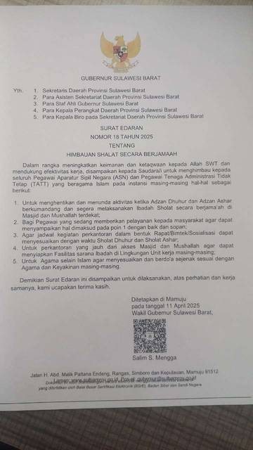 Surat Edaran Wagub Sulbar: Hentikan Aktivitas Saat Adzan