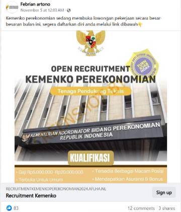 Hoaks "Open Recruitment" Kemenko Perekenomian