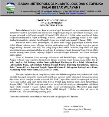 Prospek Cuaca Mingguan Sumut, Potensi Hujan Ringan-Sedang Meningkat