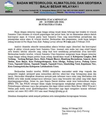 Prospek Cuaca-Mingguan Sumut, Sejumlah Kabupaten/Kota Berpotensi Hujan Sedang