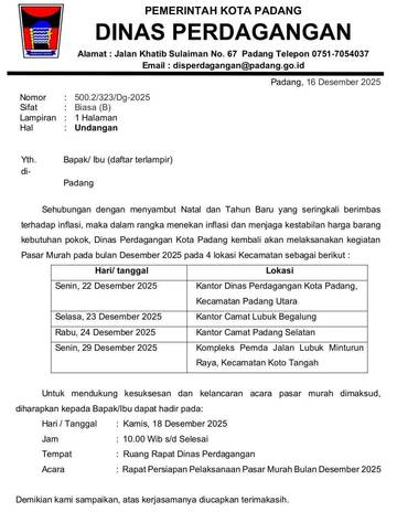 Hadapi Nataru, Dinas Perdagangan Padang Gelar Pasar Murah