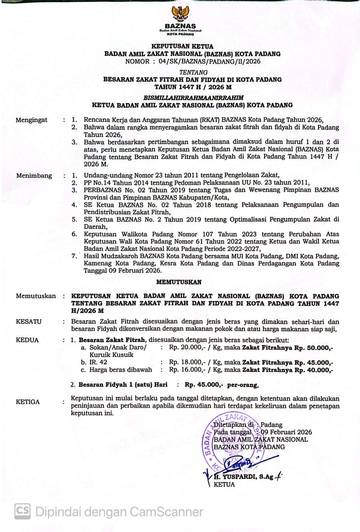 Baznas Padang Tetapkan Zakat Fitrah dan Fidyah 2026