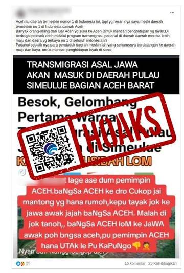 Hoaks Kedatangan Transmigran dari Pulau Jawa ke Aceh