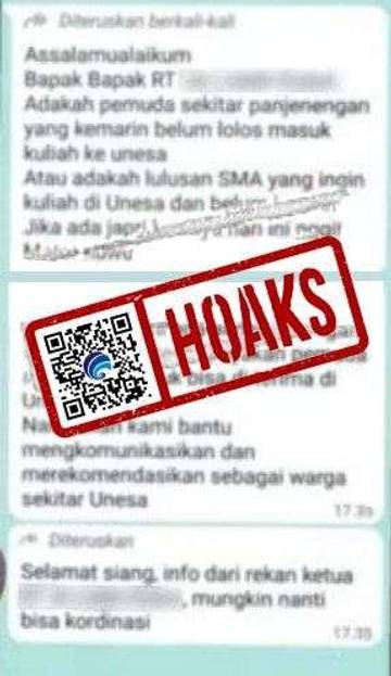 Hoaks Pesan WhatsApp Penawaran Kemudahan Masuk Unesa
