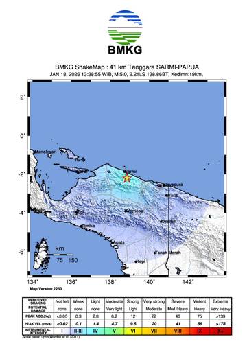 Gempa Magnitudo 5,1 Guncang Sarmi Papua, Tidak Berpotensi Tsunami