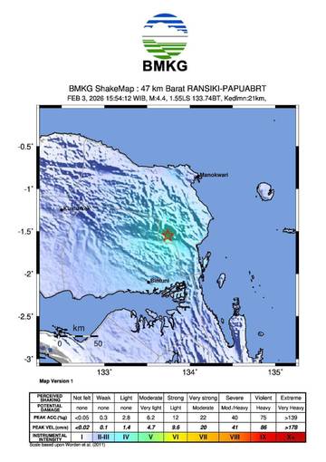 Gempa Tektonik Magnitudo 4,4 Landa Ransiki Papua Barat