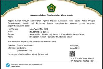 Wakil Bupati Natuna Dijadwalkan Hadiri Pelepasan JCH Kloter 1