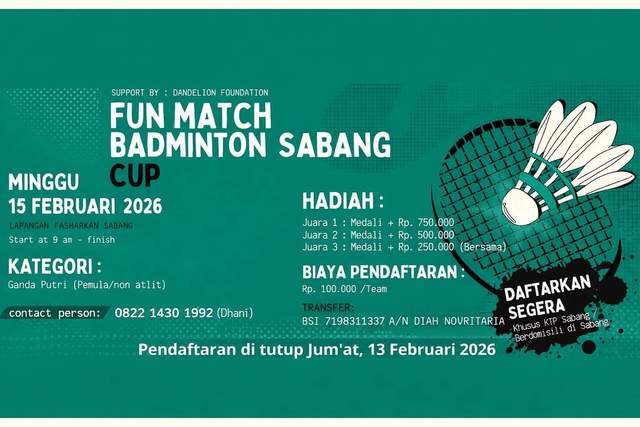 Fun Match Badminton Sabang Cup I Segera Digelar 