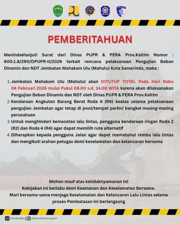 Besok, Jembatan Mahakam Ulu Ditutup Total