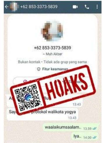 Hoaks, Akun WhatsApp Mengatasnamakan Staf Pemerintah Kota Yogyakarta.