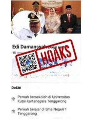 Hoaks, Akun Facebook Mengatasnamakan Bupati Kabupaten Kutai Kartanegara Edi Damansyah.