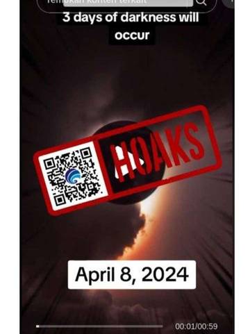 Hoaks, Bumi Akan Gelap selama Tiga Hari Mulai dari 8 April 2024.