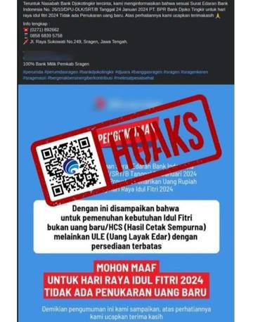 Hoaks, Surat Edaran Bank Indonesia Tidak Melayani Penukaran Uang Baru.