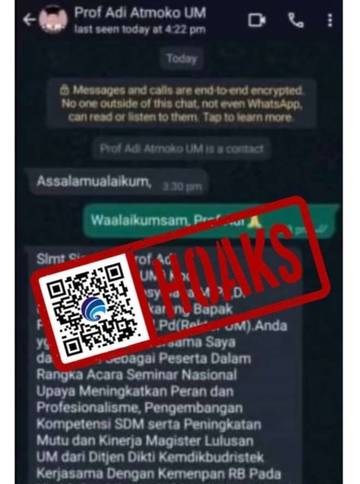Hoaks, Akun WhatsApp Mengatasnamakan Sivitas Akademika Universitas Negeri Malang.