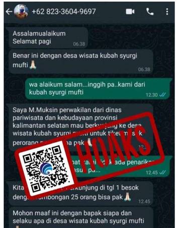 Hoaks, Akun WhatsApp Mengatasnamakan Pegawai Dinas Pariwisata Provinsi Kalimantan Selatan.