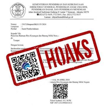 Hoaks, Surat Pemberitahuan Pengiriman Bantuan Mengatasnamakan Kemendikbudristek Tahun Anggaran 2024.