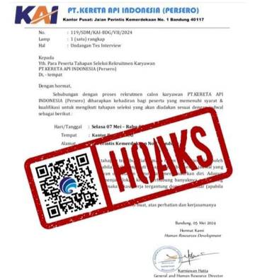 Hoaks, Awas, Penipuan Berkedok Undangan Wawancara Rekrutmen PT KAI (Persero)