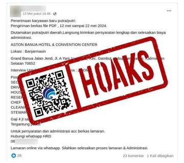 Hoaks, Lowongan Kerja Mengatasnamakan Aston Banua Hotel Banjarmasin