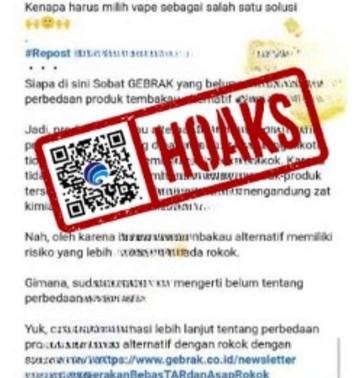 Hoaks, Rokok Elektronik Minim Risiko karena Tidak Mengandung Tar.