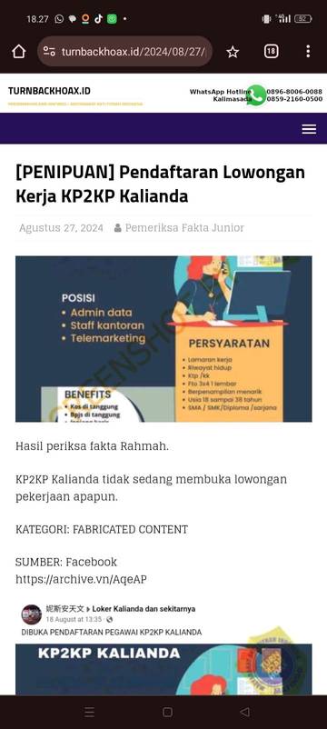 Hoaks, Pendaftaran Lowongan Kerja KP2KP Kalianda