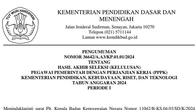 Hasil Seleksi Akhir PPPK Kemendikbudristek 2024 Tahap 1, Cek di Sini