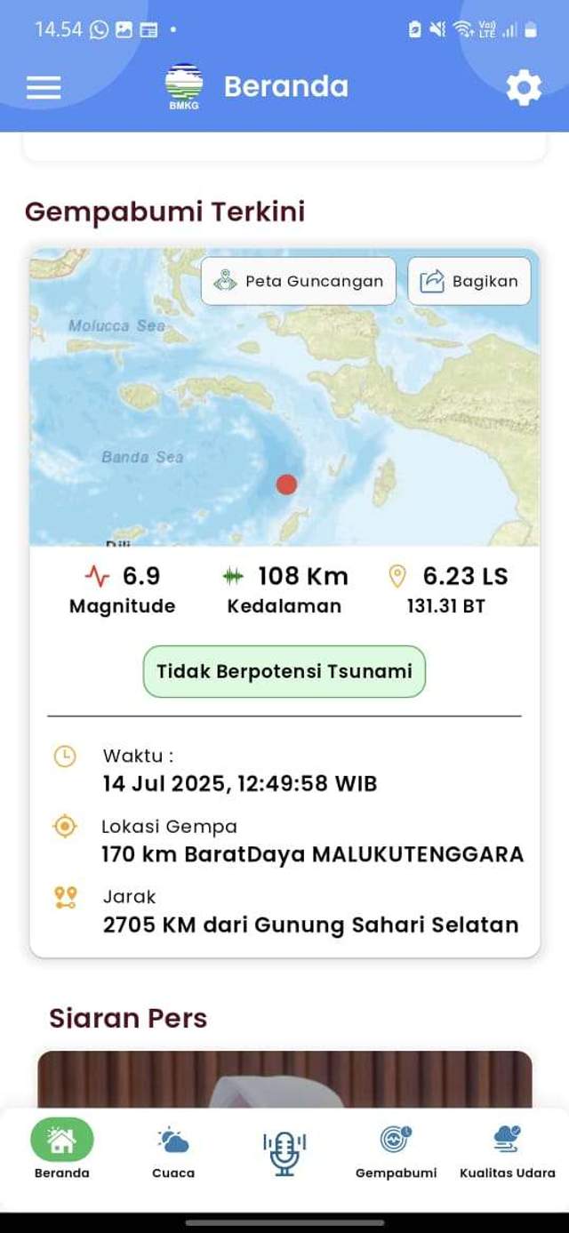 Warga Papua Barat Daya Rasakan Gempa Bumi