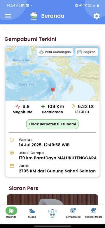 Warga Papua Barat Daya Rasakan Gempa Bumi