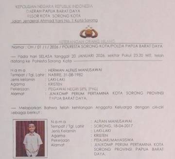 Bocah 8 Tahun Dilaporkan Hilang di Kota Sorong