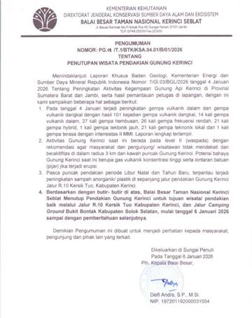 Balai TNKS Tutup Sementara Wisata Pendakian Gunung Kerinci